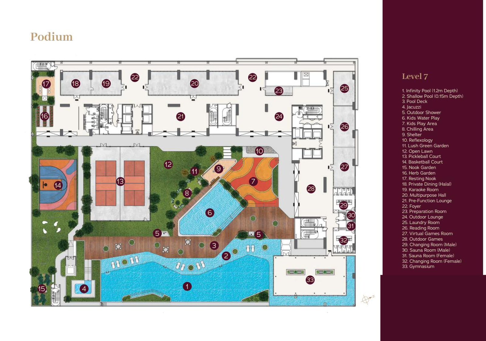 Level 7 podium facilities plan of Binastra Cochrane showing pool, courts and gardens