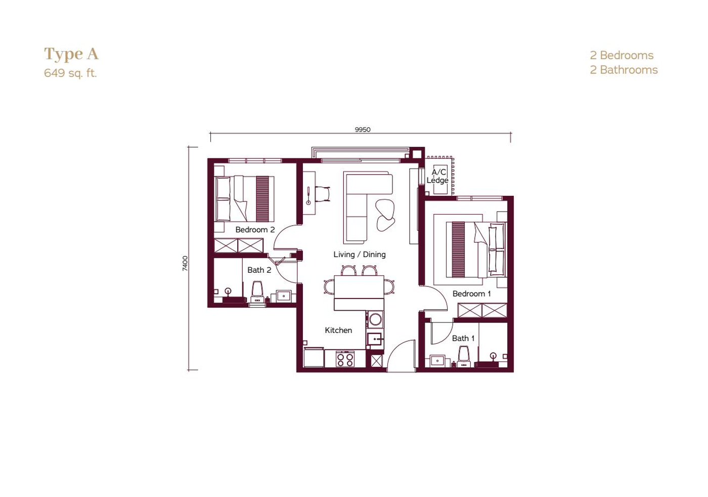 Type A floor plan, 649 square feet, 2 bedrooms 2 bathrooms