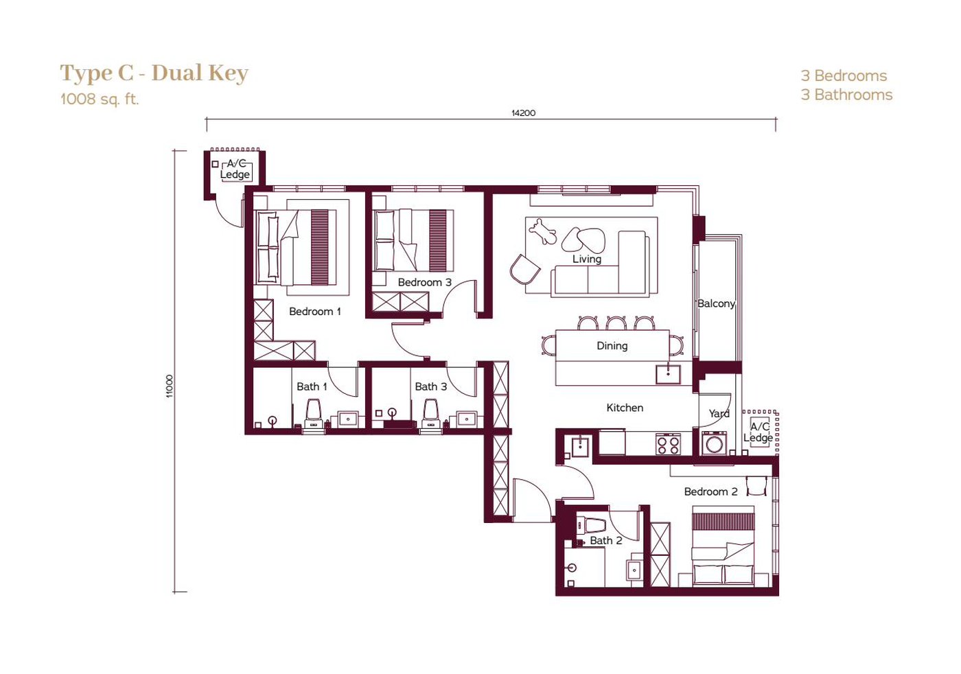 Type C dual-key floor plan, 1008 square feet, 3 bedrooms 3 bathrooms