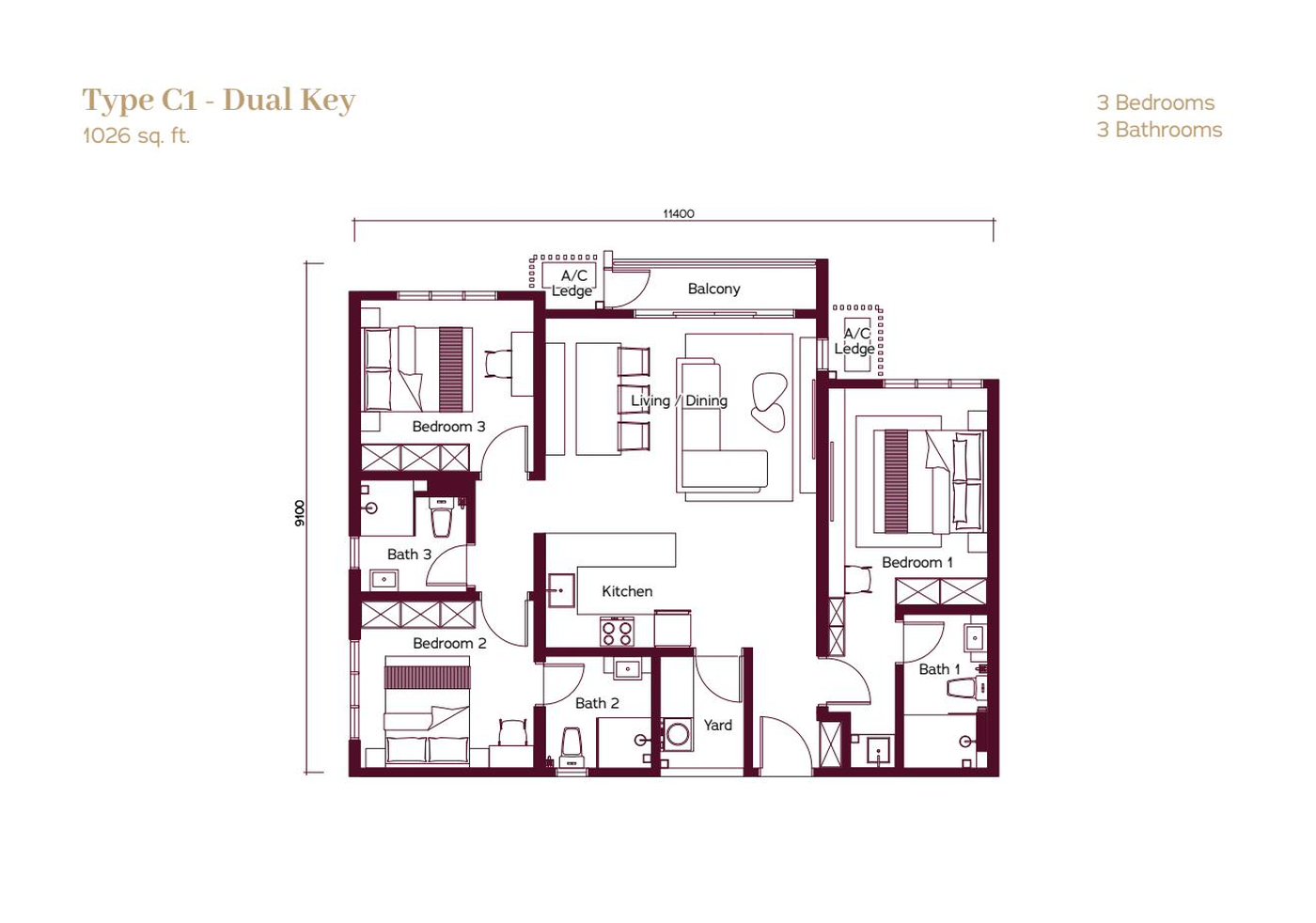 Type C1 dual-key floor plan, 1026 square feet, 3 bedrooms 3 bathrooms